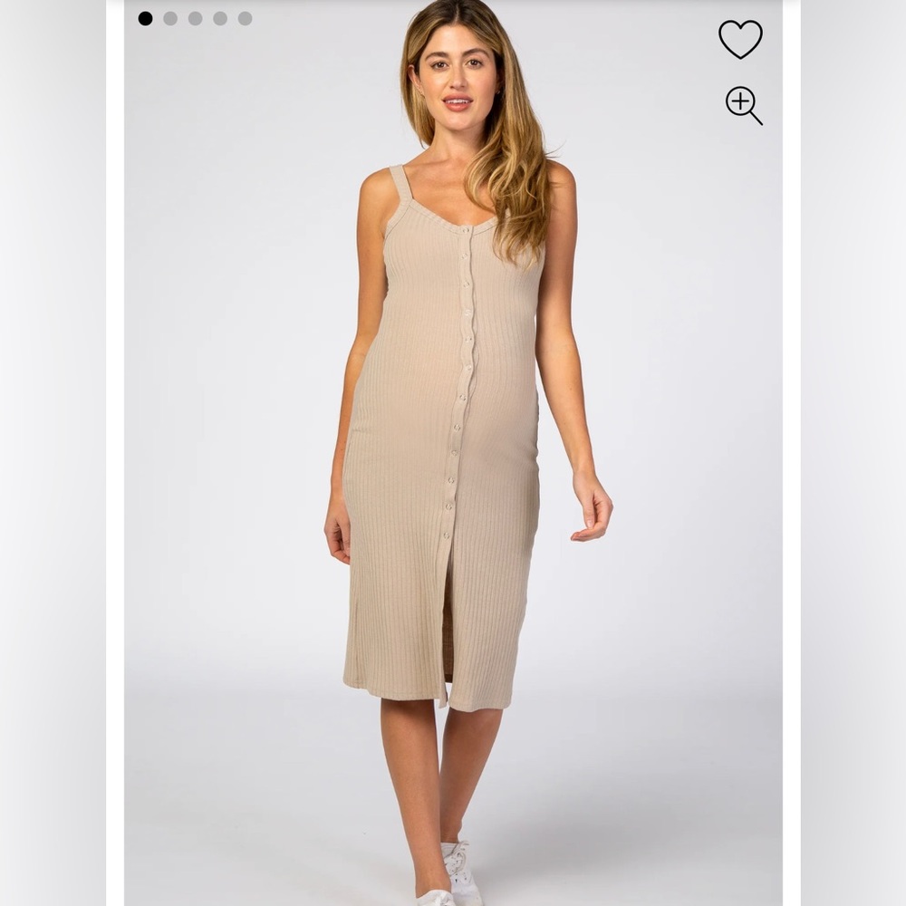 Beige Ribbed Snap Button Front Fitted Maternity Midi Dress